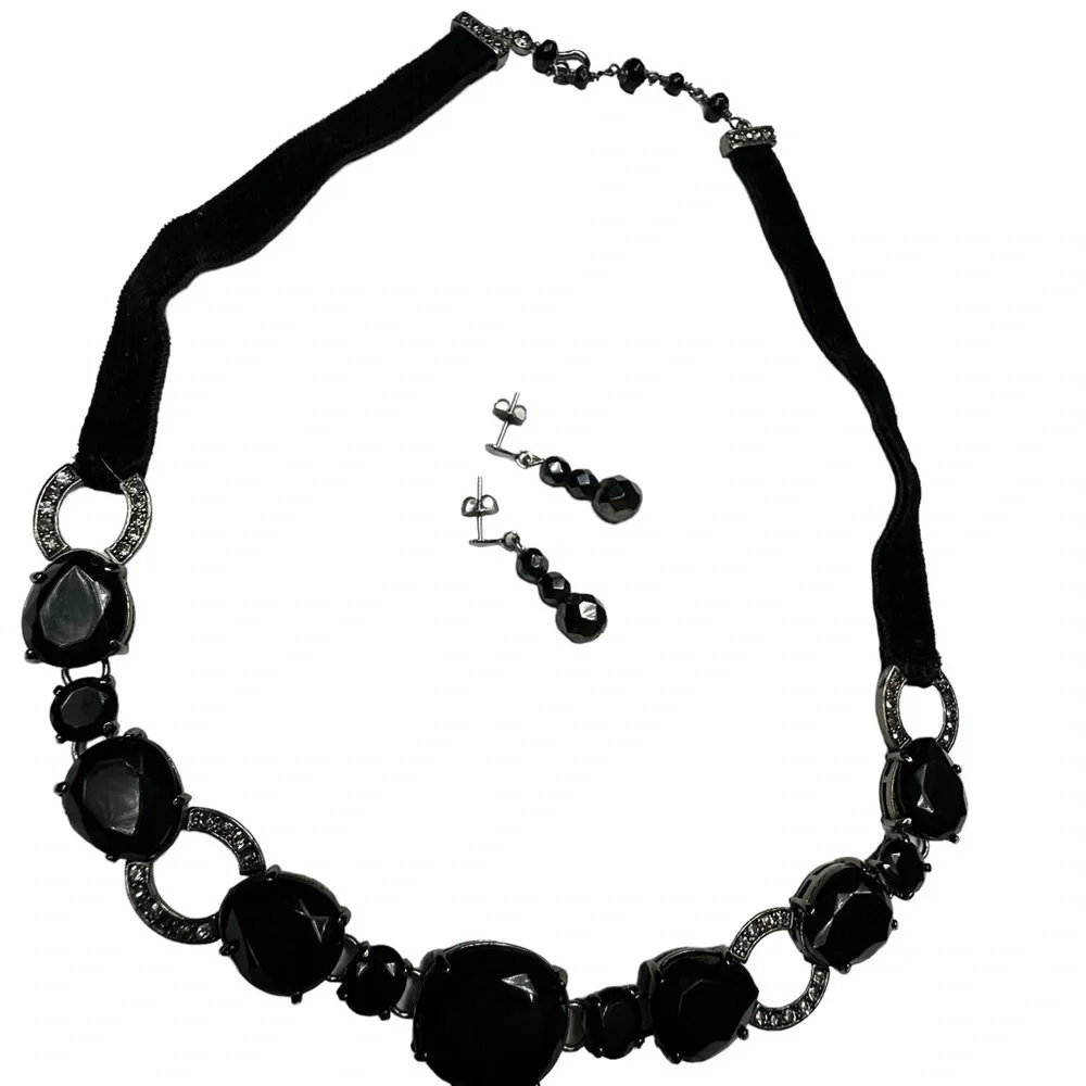 Black Onyx Beaded Crystal Necklace and FREE Earrings